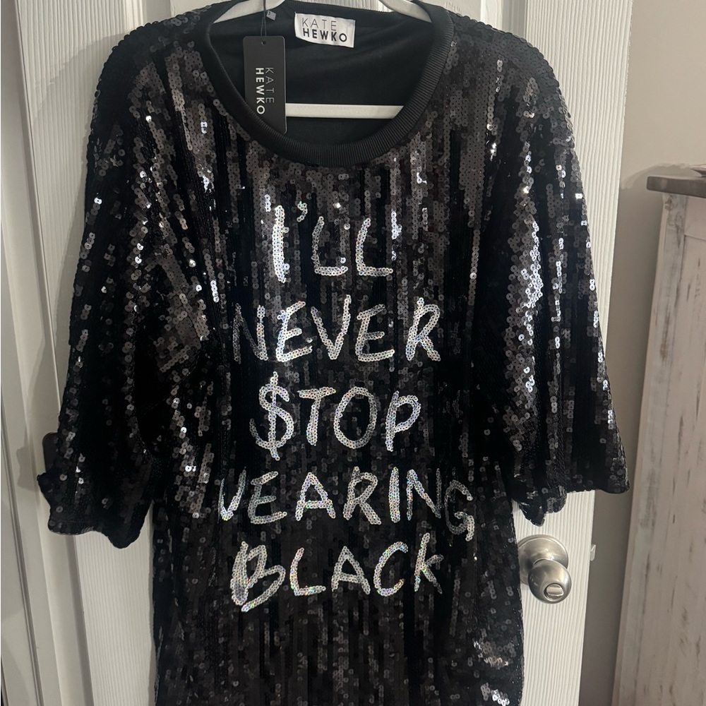 Kate Hewko I’ll Always Wear Black Black Sequin Statement T-Shirt Dress NWT